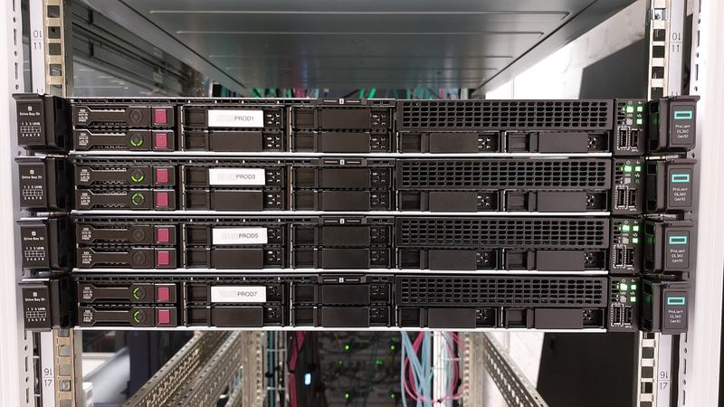 Rack of HPE ProLiant servers installed