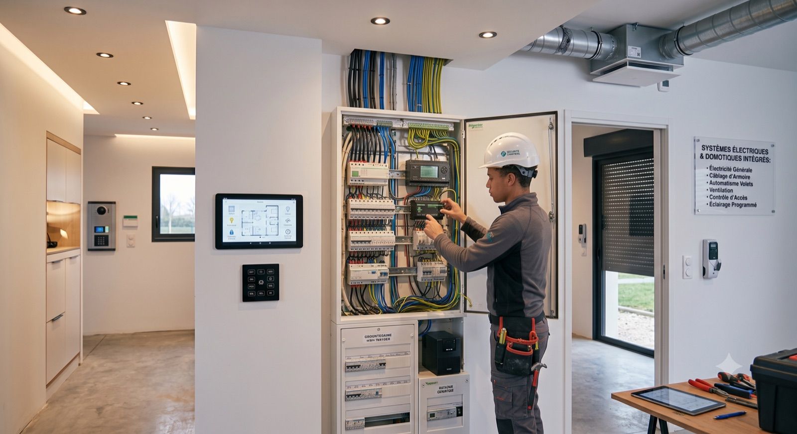 Electrician working on an electrical panel